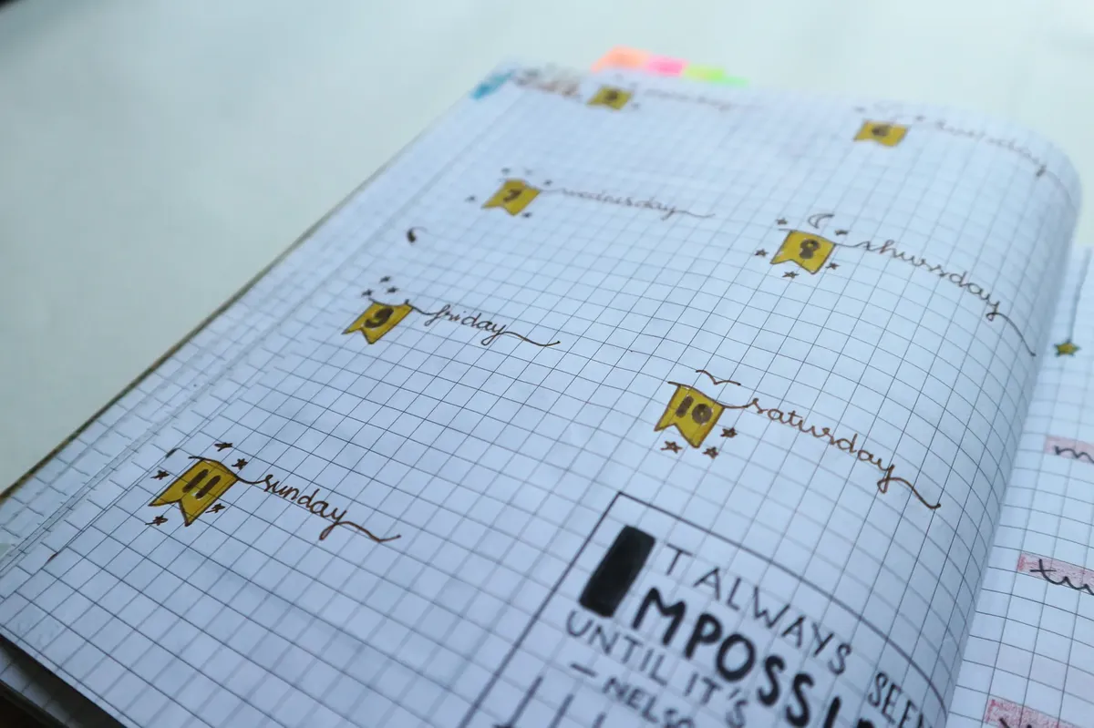 色とり豊かな bullet journal で、週間計画者を示し、創造的なデザインとモチベーションの引用を含む。